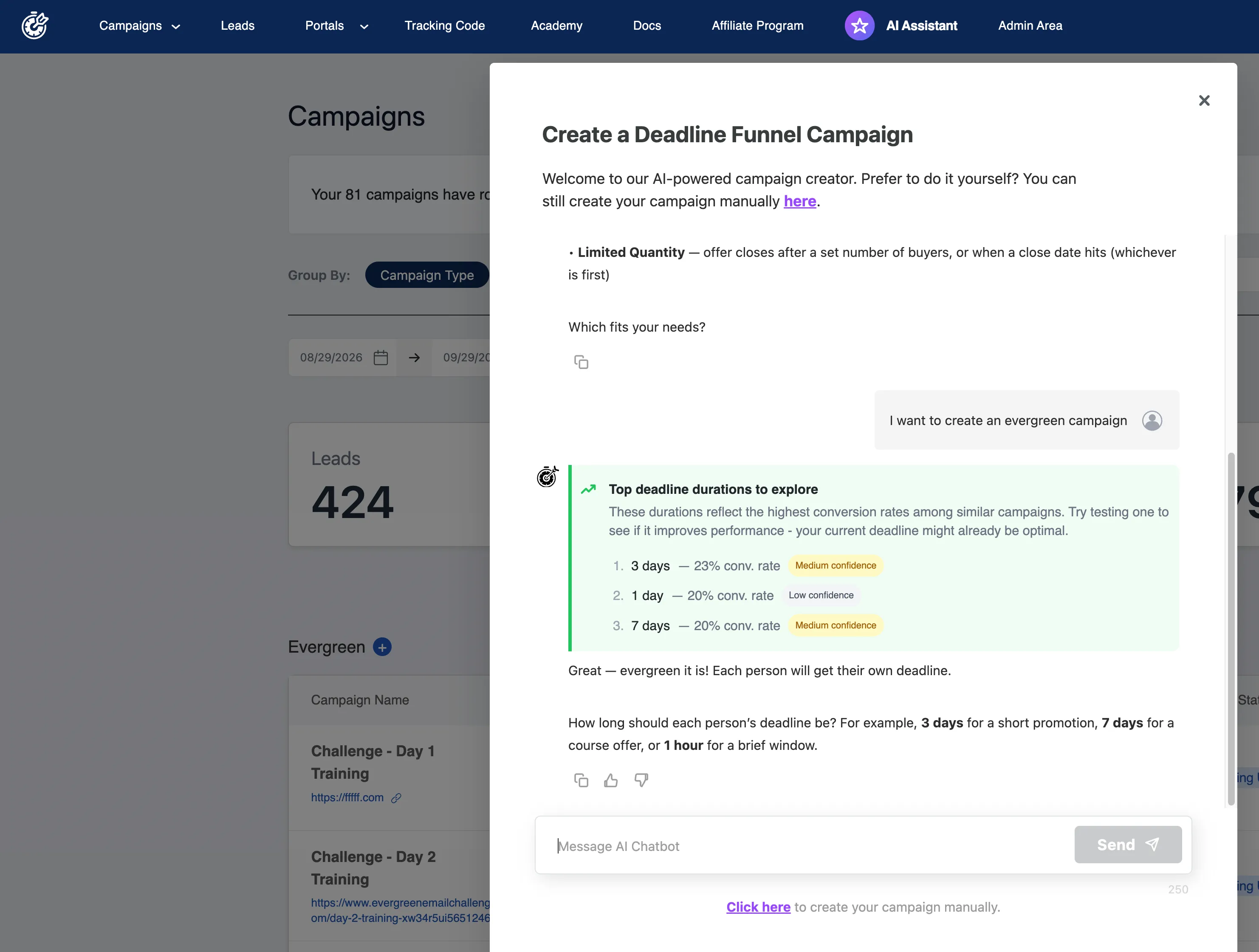 Deadline Funnel’s AI assistant suggesting evergreen deadline durations ranked by conversion rate.