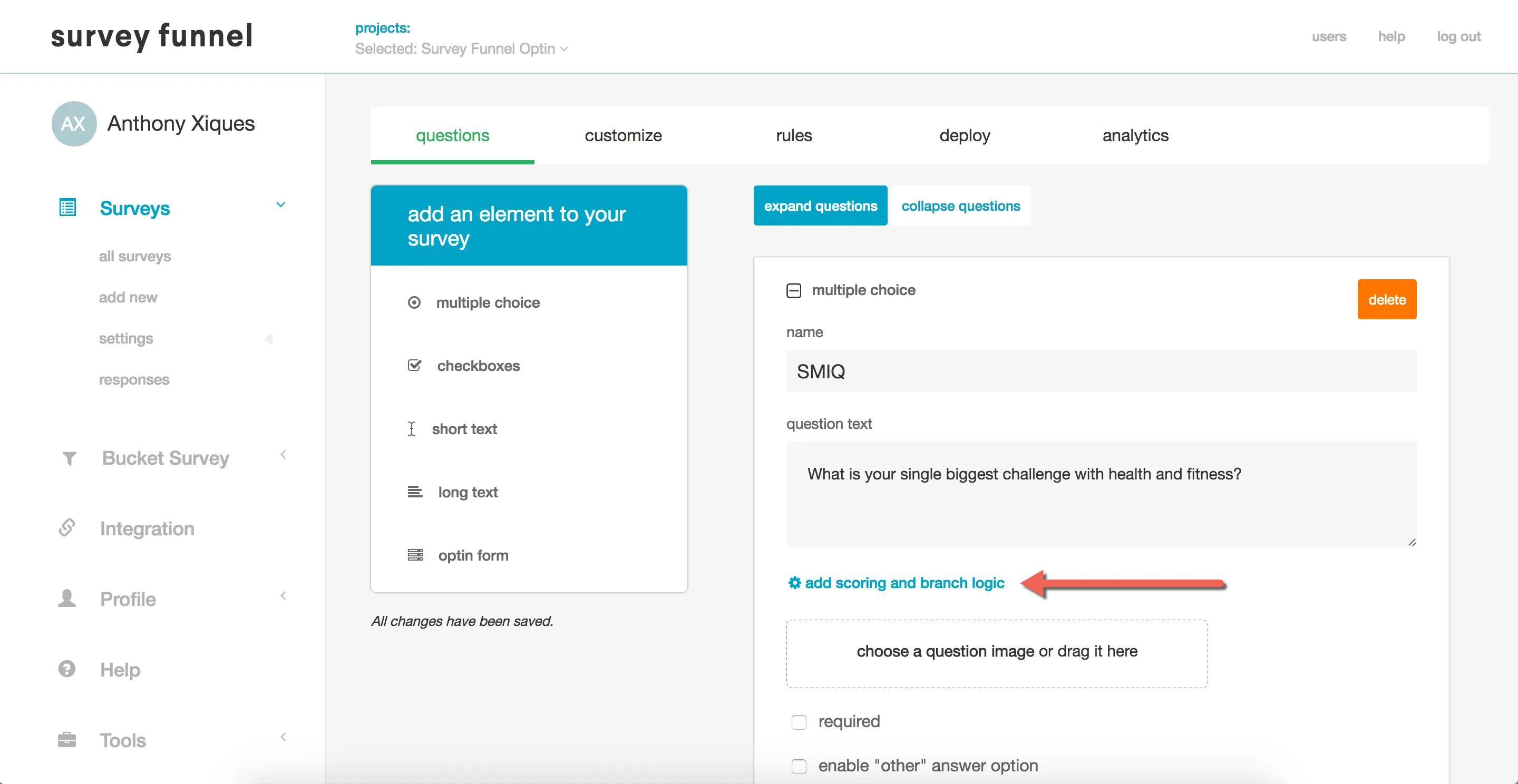 The SurveyFunnel question editor with a multiple choice question and the scoring and branch logic option.