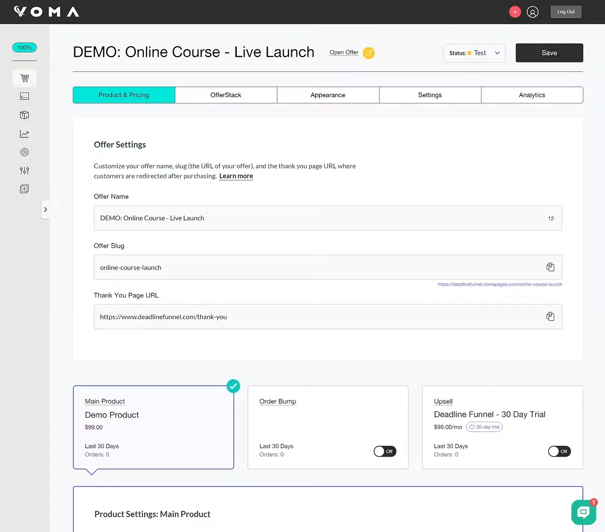 The Voma offer editor, showing the Product & Pricing tab with the offer name, slug and thank-you page settings.